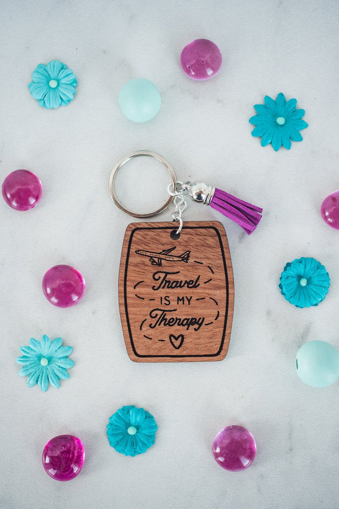Travel is My Therapy Wood Keychain with Tassel-Villari Chic, women's online fashion boutique in Severna, Maryland