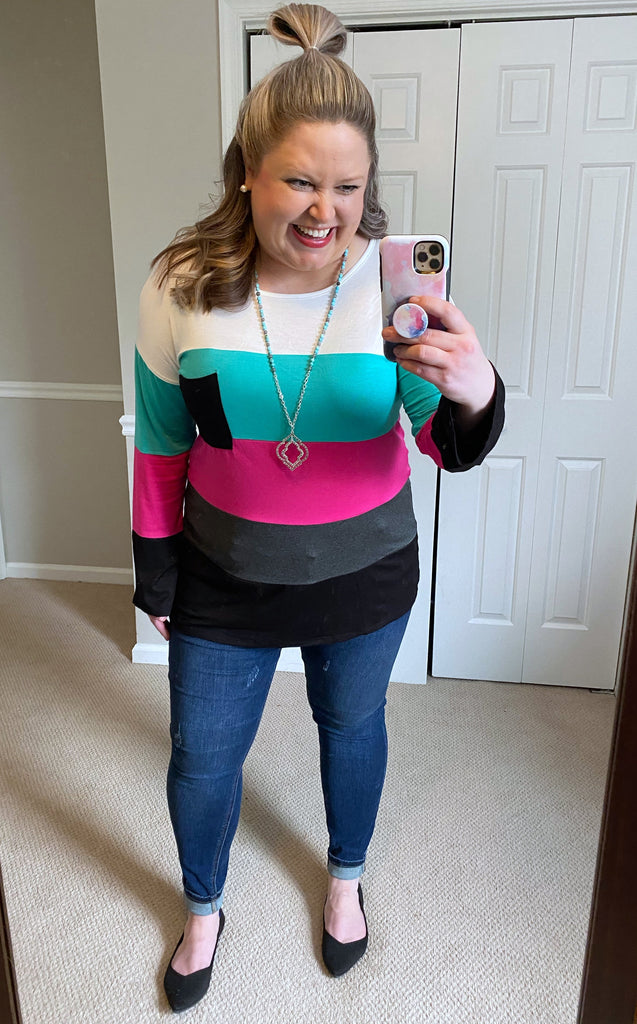 Turquoise & Pink Color Block Top-Villari Chic, women's online fashion boutique in Severna, Maryland