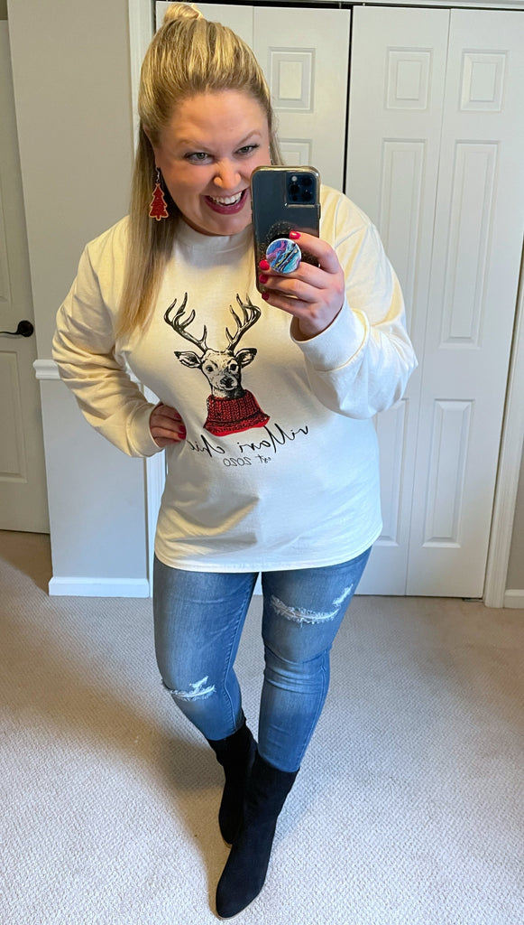 Villari Chic Branded Holiday Long-Sleeved Tee in Oatmeal-Villari Chic, women's online fashion boutique in Severna, Maryland