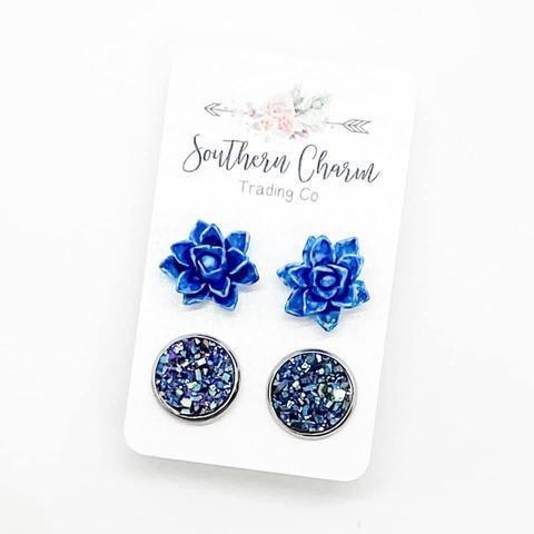 Vintage Blue Succulents & Iridescent Blue Druzy Stud Earrings Duo-Villari Chic, women's online fashion boutique in Severna, Maryland