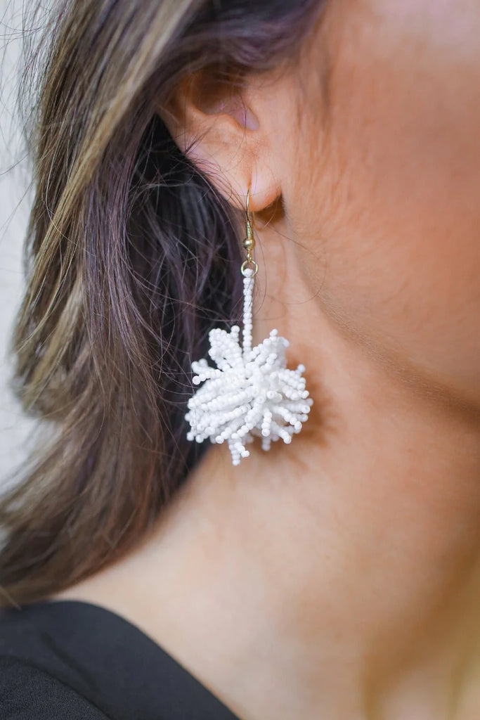 Broadway Beaded Pom Pom Earrings in White-Villari Chic, women's online fashion boutique in Severna, Maryland