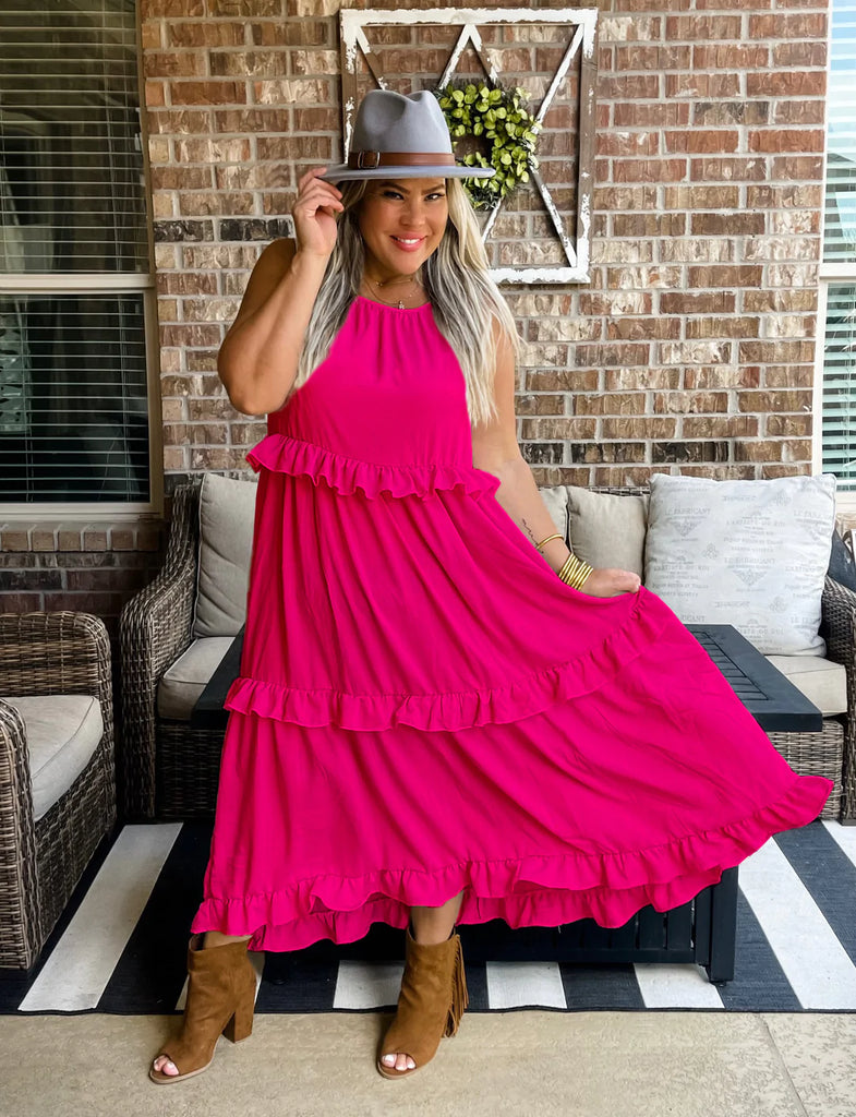 Coco Linen Midi Dress in Hot Pink-Villari Chic, women's online fashion boutique in Severna, Maryland