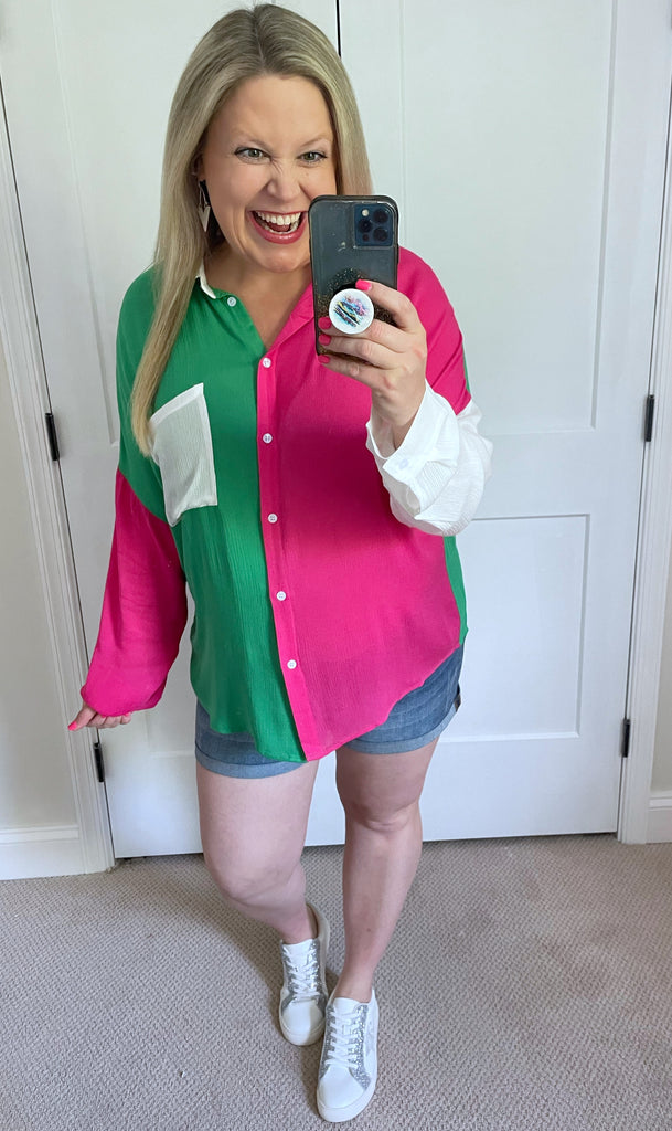 Capture the Day Lightweight Color Block Button-Up Top in Kelly Green, Hot Pink & White-Womens-Villari Chic, women's online fashion boutique in Severna, Maryland