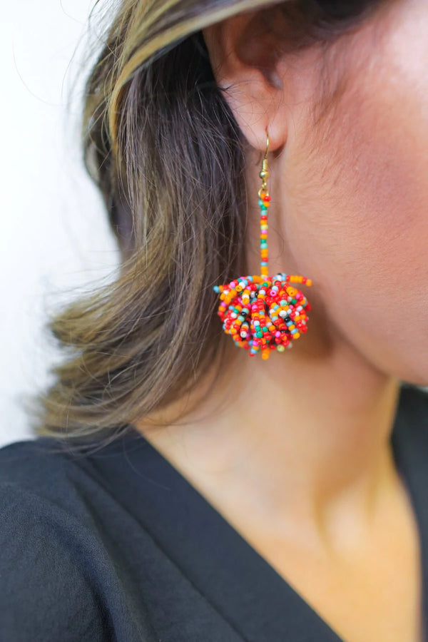 Broadway Beaded Pom Pom Earrings in Multi-Villari Chic, women's online fashion boutique in Severna, Maryland