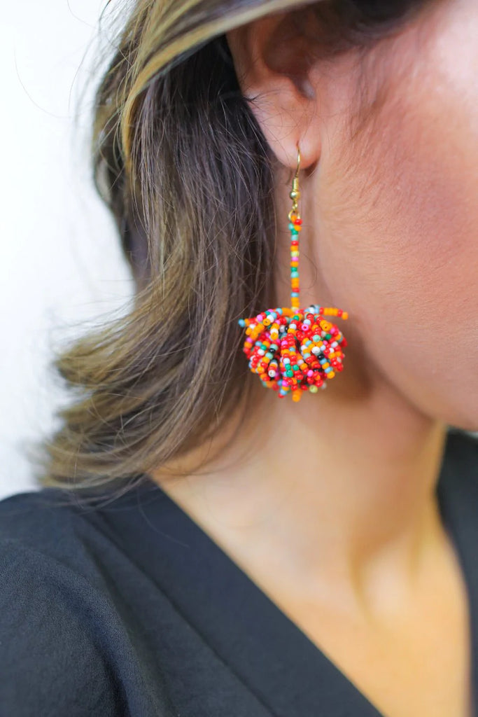 Broadway Beaded Pom Pom Earrings in Multi-Villari Chic, women's online fashion boutique in Severna, Maryland