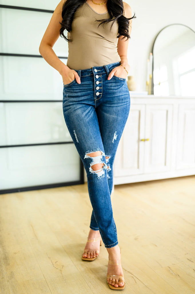 Judy Blue High-Rise Button Fly Cuffed Skinny Jeans-Womens-Villari Chic, women's online fashion boutique in Severna, Maryland
