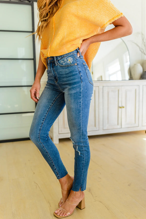 Judy Blue High-Waisted Skinny Jeans with Dandelion Embroidery-Womens-Villari Chic, women's online fashion boutique in Severna, Maryland