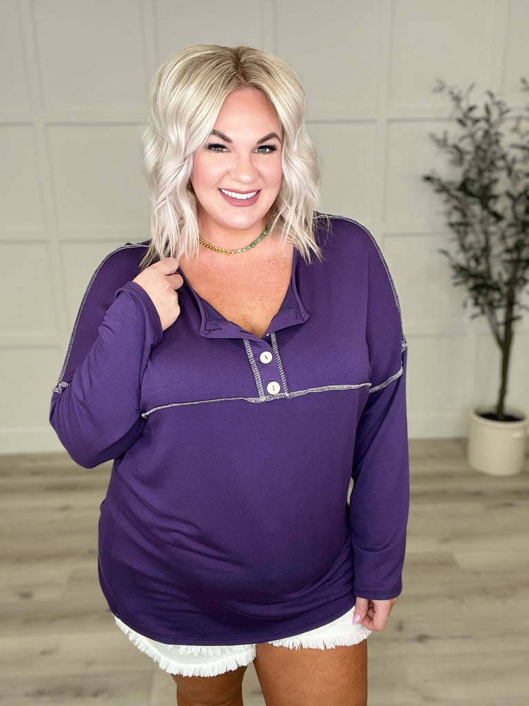 Happiest in Spring Long-Sleeved Henley Top in Royal Purple-Womens-Villari Chic, women's online fashion boutique in Severna, Maryland