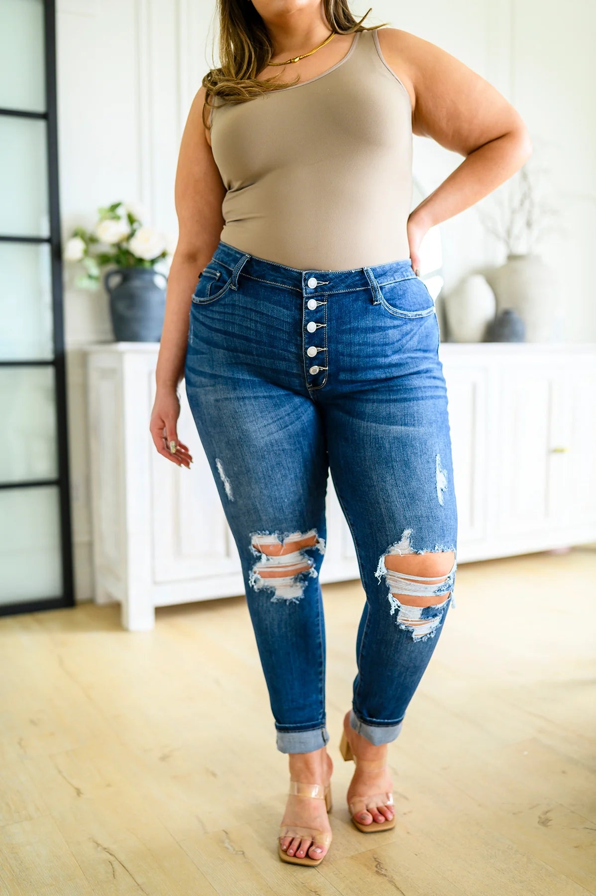 Judy Blue High-Rise Button Fly Cuffed Skinny Jeans-Womens-Villari Chic, women's online fashion boutique in Severna, Maryland