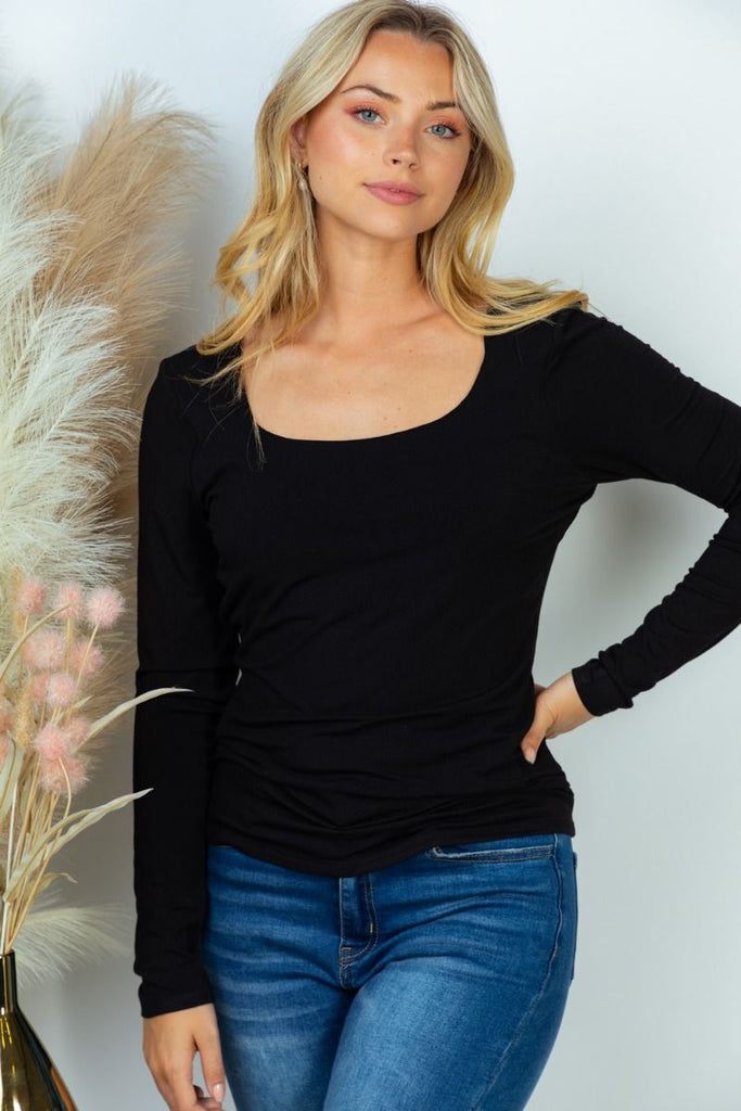 Long-Sleeved Square Neck Top with Built-In Bra in Black-Villari Chic, women's online fashion boutique in Severna, Maryland