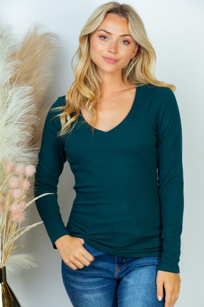 Long-Sleeved Ribbed Top with Built-In Bra in Deep Forest-Villari Chic, women's online fashion boutique in Severna, Maryland